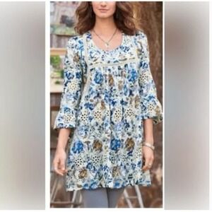 Sundance Blue Floral Delphine Crochet Eyelet Tunic Top Size M Boho Festival